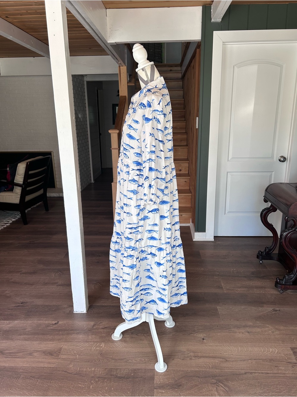 Maeve The Bettina White and Blue Fish-Print Tiered Shirt Dress Small - Picture 3 of 7